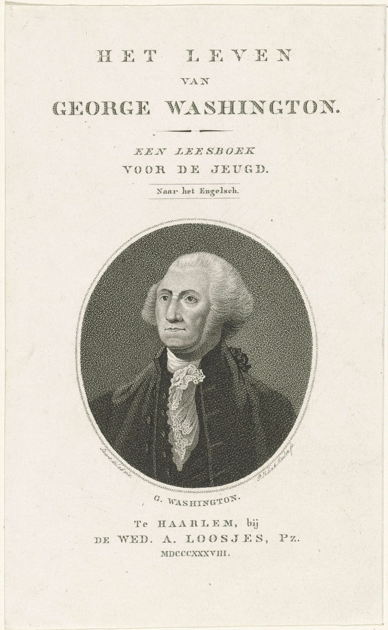 Porträt von George Washington auf Papier mit Text, frontal mit ernstem Gesichtsausdruck, trägt Anzug und Krawatte.