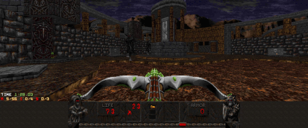 Ein Dungeon in *Dungeon Master II* mit einem von Wänden, Säulen und Gegenständen umgebenen Drachen, mit Spielerdaten unten.