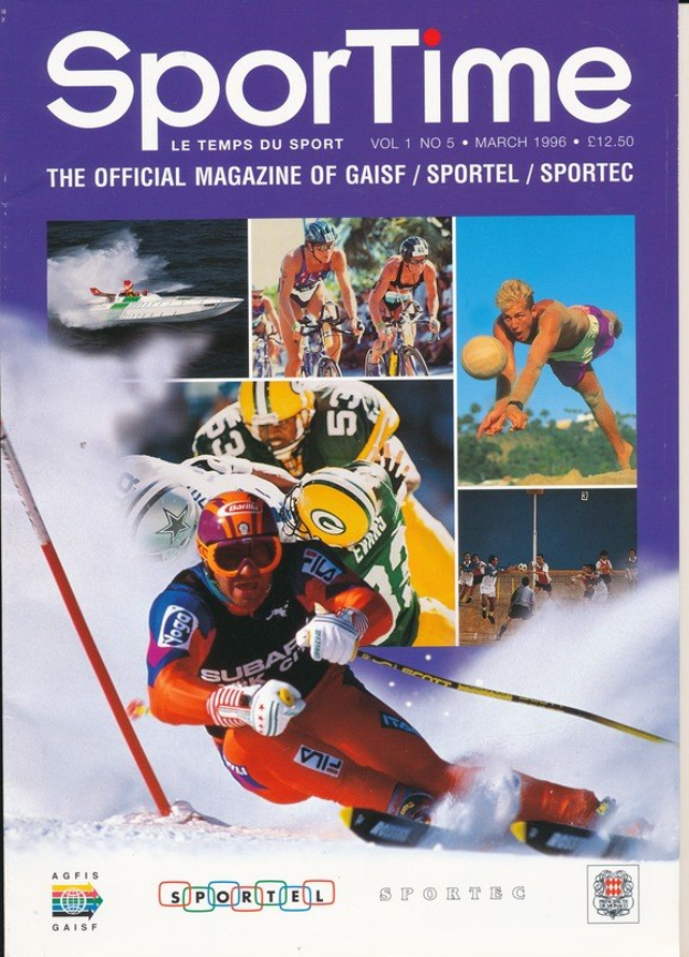 Ein Magazincover mit der Aufschrift "Sporttime Magazine - März 1996", das Bilder von Menschen beim Skifahren und Snowboarden zeigt, zusammen mit Text und Logos.