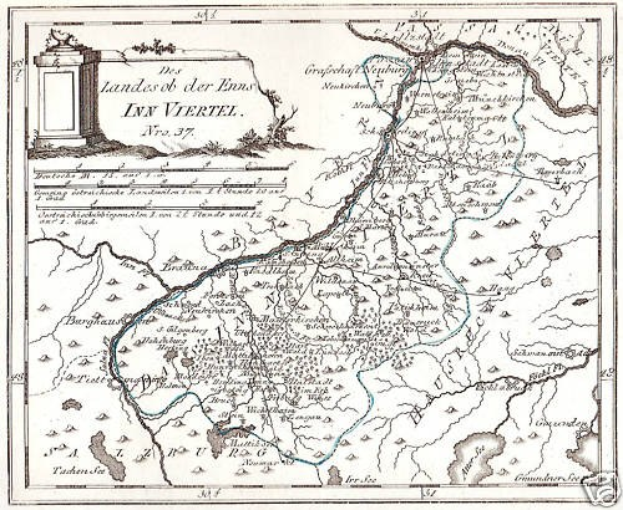 Detailierte Kartenvorlage des Rheins in Deutschland, die seinen gewundenen Verlauf durch die Region zeigt, mit beschrifteten Sehenswürdigkeiten und geografischen Merkmalen, begleitet von Text und einem Bild einer Säule.