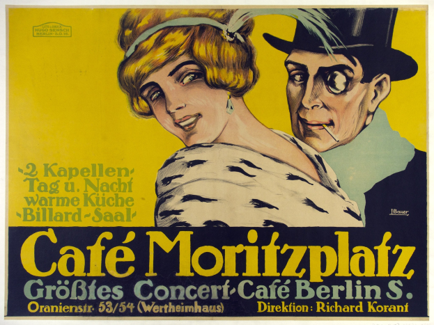 Plakat für das Cafe Moritzplatz in Berlin mit einem Mann und einer Frau und Textbeschreibung des Events.