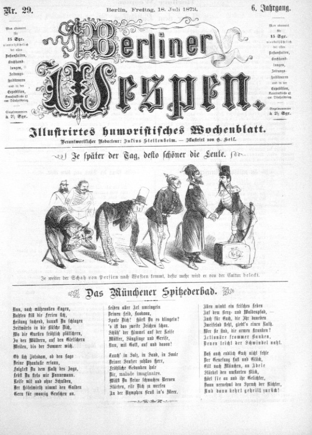 Eine alte Zeitung mit einer Karikatur eines Mannes in Zylinder und einer Frau in einem Kleid, beide sorgenvoll aussehend, betitelt "Berliner Wespn, Juli 1873".