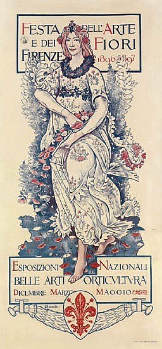 Plakat für ein italienisches Festival, das eine Frau in einem langen weißen Kleid mit hohem Kragen, einem Dutt und einem sanften Gesichtsausdruck zeigt, vor einem hellblauen Hintergrund mit schwarzer Schrift.