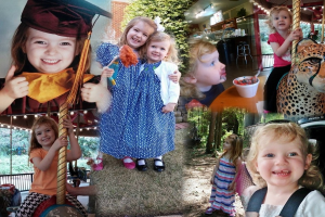 Collage mit lustigen Fahrgeschäften, Kindern, einem Tisch mit Speisen, Besteck, Lichtern, Laub, einem Seil und einem Hut.