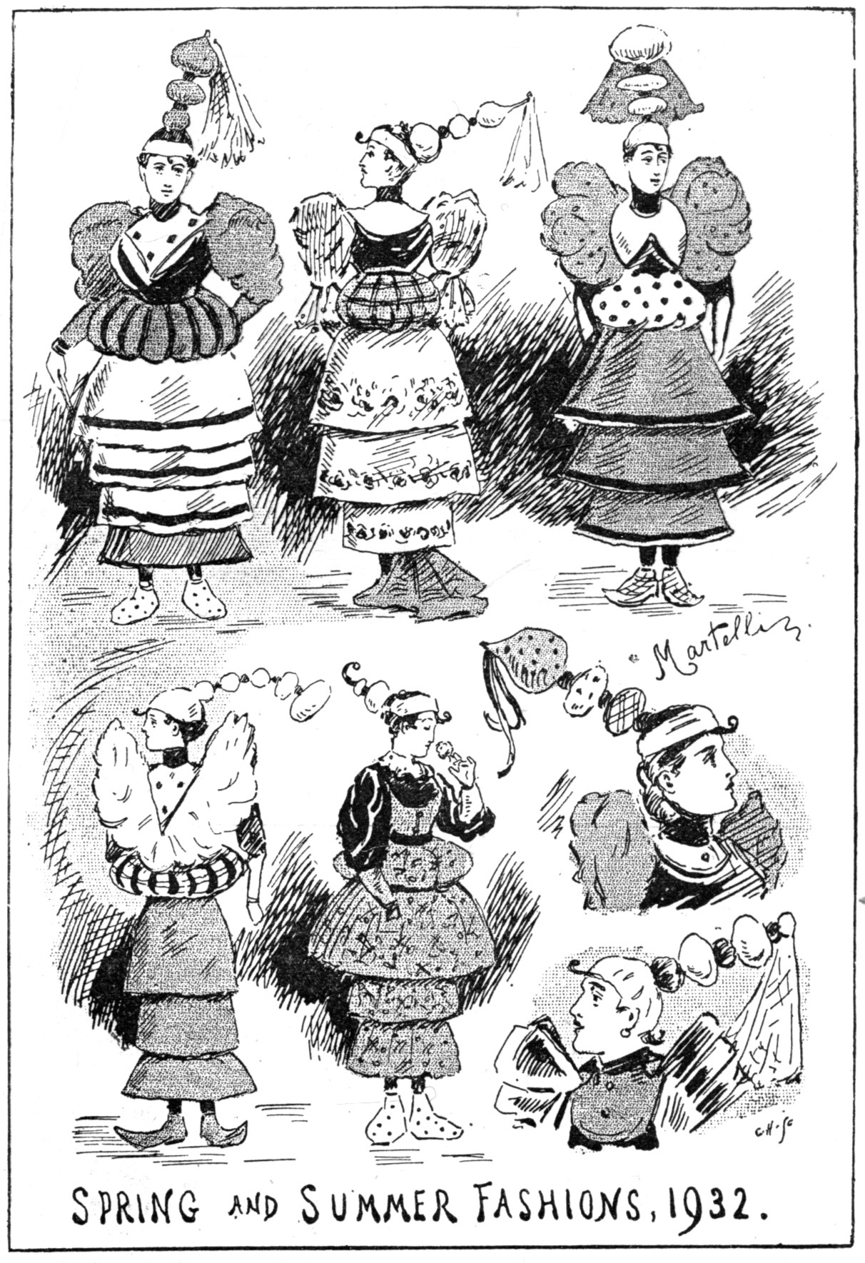 Modeskizze von Frauen, die 1932 Frühjahrs- und Sommerkleider tragen, mit beschreibendem Text auf dem Papier.