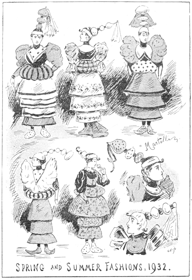 Modeskizze von Frauen, die 1932 Frühjahrs- und Sommerkleider tragen, mit beschreibendem Text auf dem Papier.