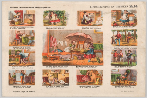 Ein abgenutztes Buch mit Illustrationen von Kindern, die in einem sonnigen, grünen Garten spielen, mit Szenen von ihnen, die in Aktivitäten wie dem Spielen mit Spielzeug und einem Ball engagiert sind.