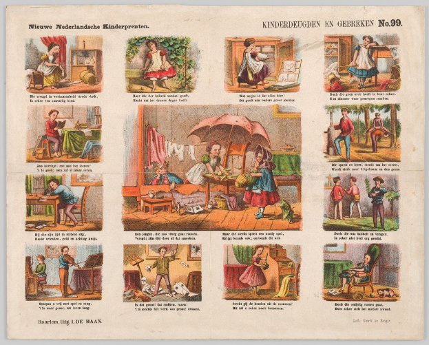 Ein abgenutztes Buch mit Illustrationen von Kindern, die in einem sonnigen, grünen Garten spielen, mit Szenen von ihnen, die in Aktivitäten wie dem Spielen mit Spielzeug und einem Ball engagiert sind.