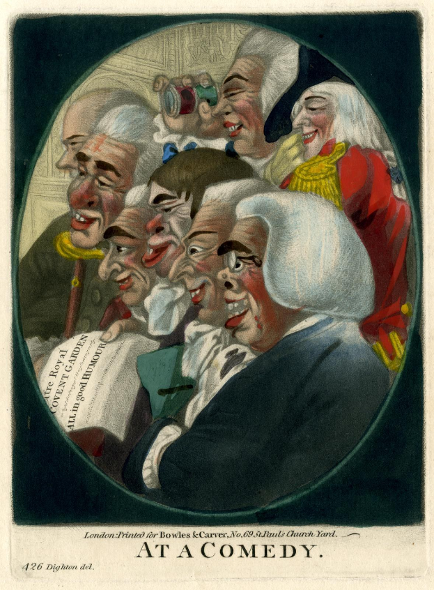 Eine Gruppe von Menschen in einem Kreis, die lachen und Spaß haben, wobei eine Person ein Blatt Papier hält und unten ein Text steht "Bei einer Comedy"