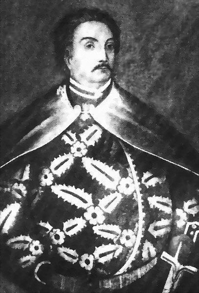 Schwarzes und weißes Foto von Papst Johannes Paul II. in Priesterkleidung, der eine schwarze Robe mit weißem Kragen und Manschetten trägt, die Hände gefaltet, strenger Gesichtsausdruck, direkter Blick.