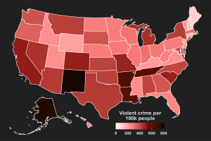 A map of the United States displaying the percentage of violent crimes per 100,000 people in each state, with darker shades indicating higher crime rates and text at the bottom providing additional data information.