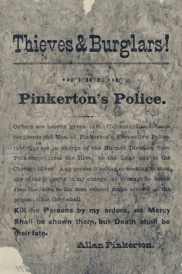 Plakat mit "Diebe & Einbrecher Pinkertons Polizei" in fetter schwarzer Schrift auf einem weißen Hintergrund, von einem schmalen schwarzen Rand umrahmt.
