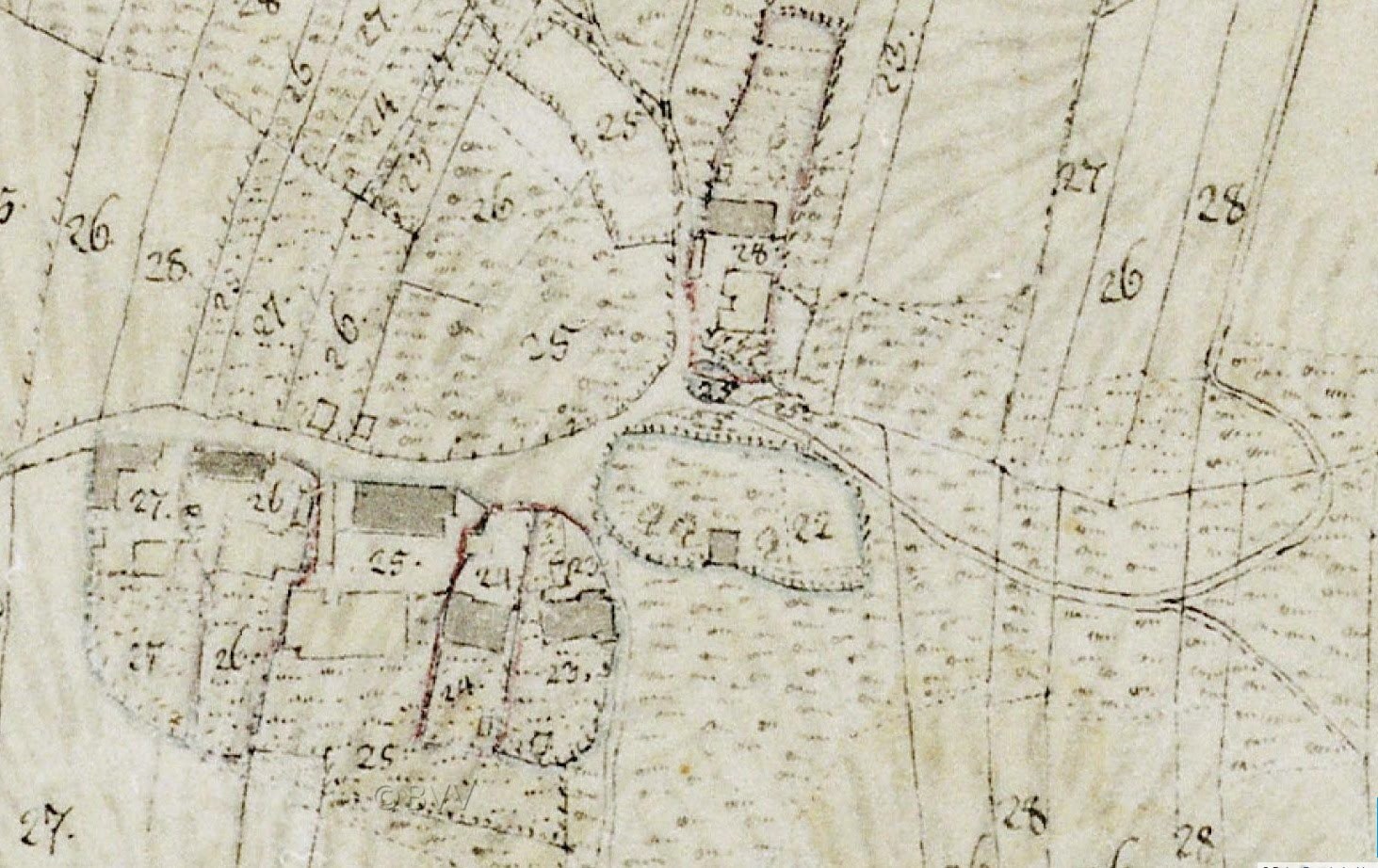 Detailiertes altes Stadtplan mit zahlreichen Gebäuden, nummerierten Bereichen und Text, der unten eine geplante Entwicklung zeigt.
