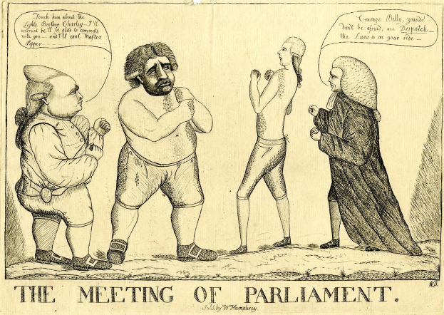 Schwarz-weiß-Zeichnung von drei stehenden und sprechenden Menschen, wobei einer animiert gestikuliert; unten steht "Die Parlamentssitzung"