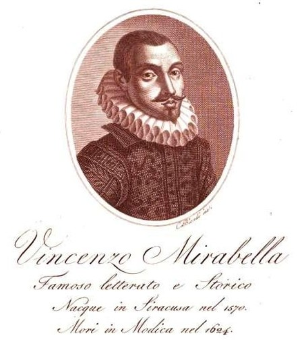 Portrait von Vincento Mirabella, einem italienischen Dichter, der eine Rüschenkrrage trägt und vor einem weißen Hintergrund posiert, mit italienischem Text unten.