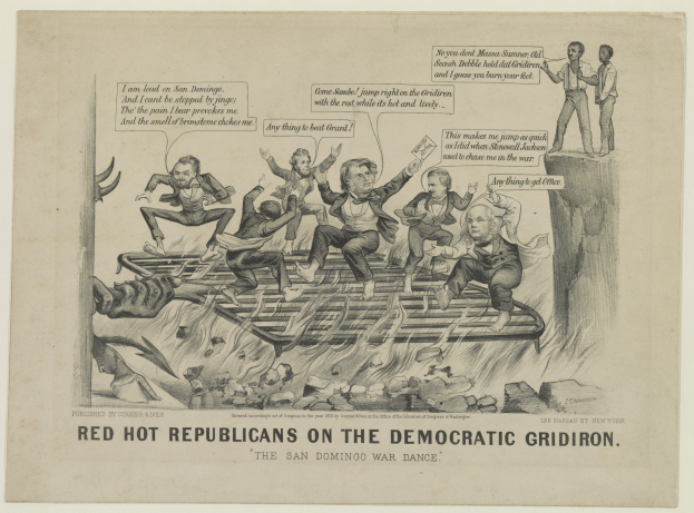 Politisches Cartoon, das rote Figuren in Not auf einem Gitterfeld zeigt mit fetter schwarzer Schrift.