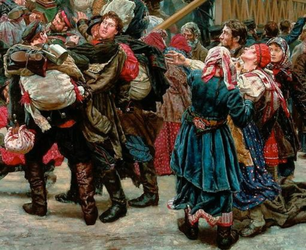 Gemälde zeigt eine lebhafte Tanzeinlage mit Menschen in traditioneller russischer Kleidung, einige halten Gegenstände, vor einer Menge und einem Holzhaus, die Atmosphäre der russischen Revolution erweckend.