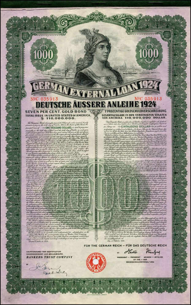 Eine 1924 deutsche Auslandsanleihe-Banknote mit einem Frauenporträt, mit Text und Zahlen, die ihre Nennwert angibt.