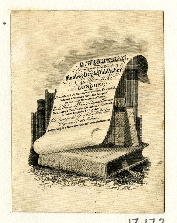 Ein altes Buch mit einer Rolle oben drauf, umgeben von Büchern und einem textgefüllten Papier, mit 'Buchhändler' unten.