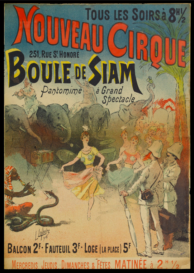 Ein Vintage-Zirkusposter, das eine Show in Paris ankündigt, mit einer Gruppe von Menschen, einige mit Schirmen, sowie Tieren, Bäumen und anderen Gegenständen und Text.