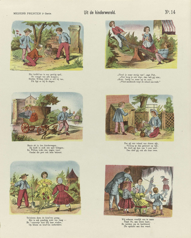 Offenes Buch mit Illustrationen von Kindern, die in einem Park spielen, umgeben von Bäumen, Gebäuden und einem Wagen, zusammen mit Text.