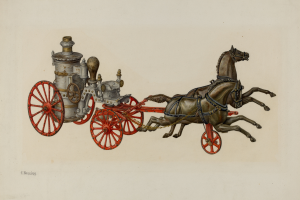 Eine Zeichnung von zwei Pferden, die einen Löschwagen ziehen, mit den Rädern des Fahrzeugs im Vordergrund und dem Wagen im Hintergrund.