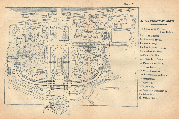 Detailiertes altes Stadtplan mit beschrifteten Straßen, Gebäuden, Parks und Sehenswürdigkeiten auf vergilbtem Papier.