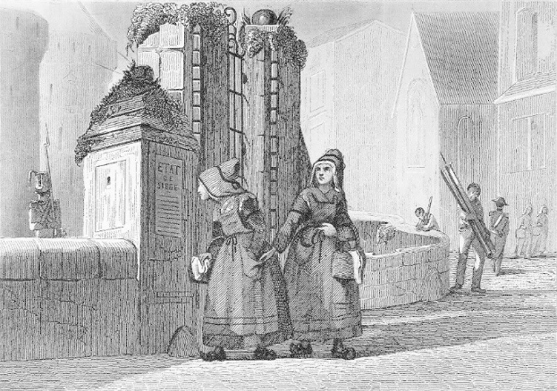 Schwarz-weiß-gravur Von Zweien Frauen, Die Vor Einem Gebäude Stehen Mit Einigen Leuten Im Hintergrund, Betitelt "Victorianische Frauen In Der Stadt London."