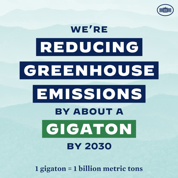 Plakat mit der Aufschrift "Wir reduzieren die Treibhausgasemissionen um etwa eine Gigatonne bis 2030" mit einem Logo, das für eine signifikante Reduzierung der Treibhausgasemissionen bis 2030 wirbt.