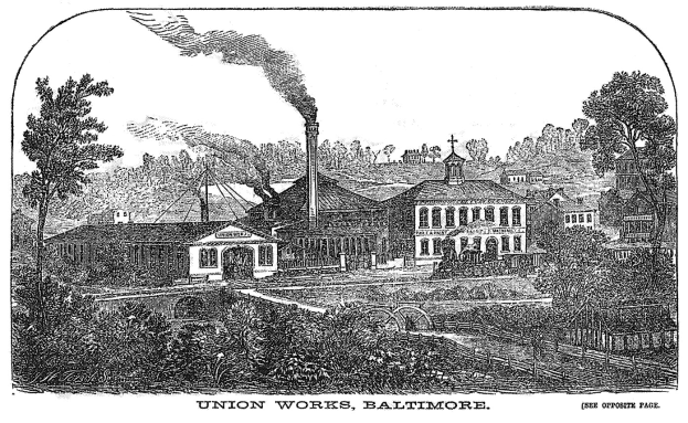 Schwarz-weiß-Zeichnung der Union Works in Baltimore, Maryland, mit Gebäuden, Bäumen und Rauch im Hintergrund sowie Text unten.