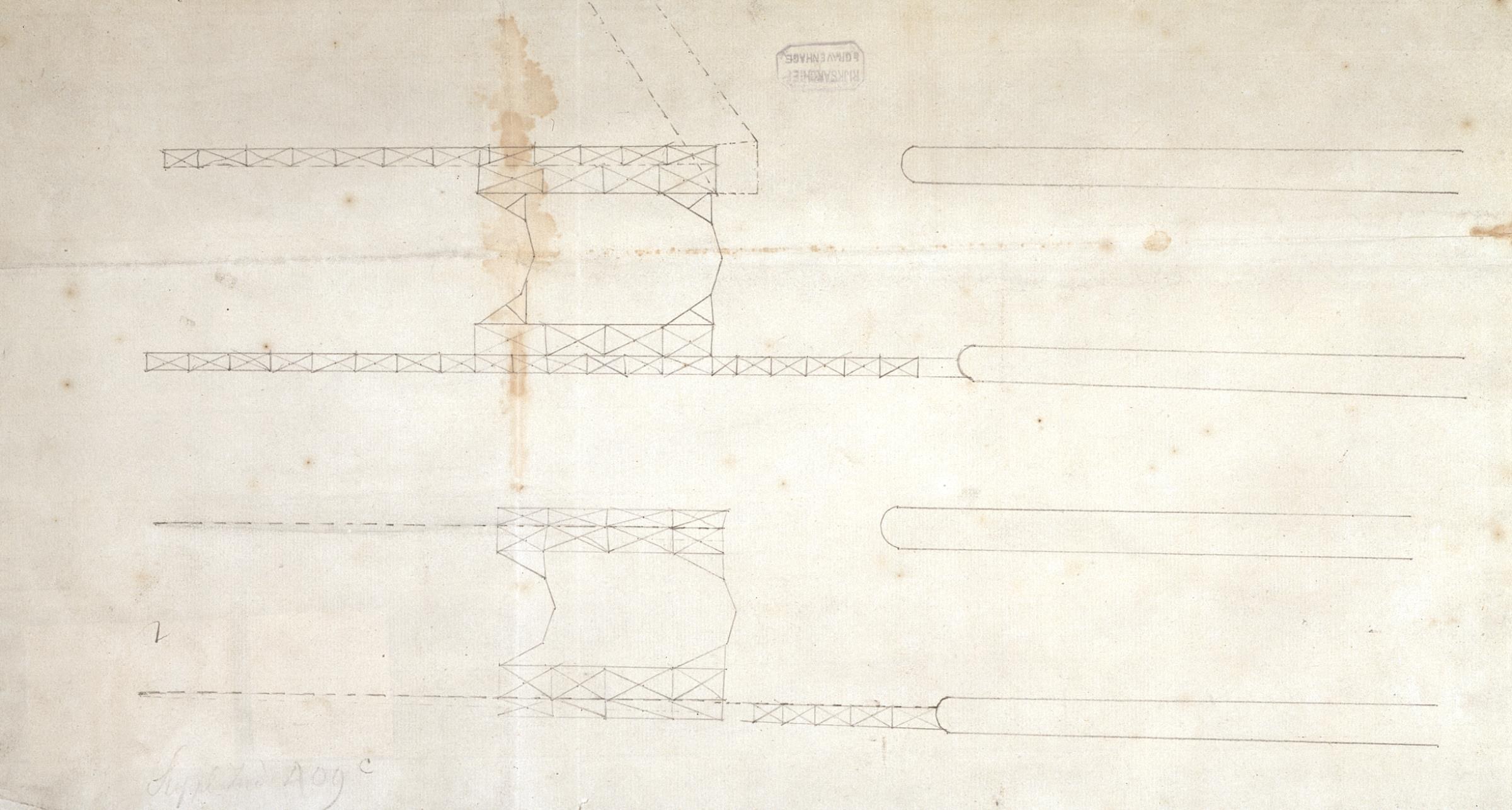 Ausführliches architektonisches Detail einer Brückenbauplanung mit Linien und Text auf Papier.