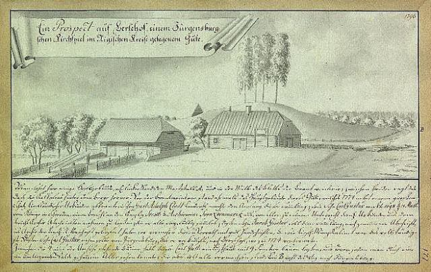 Ein verblichenes Dokument mit der überschrift "Surgensburg, Deutschland - Landschaft eines Hofs" mit einer zentralen Hofillustration umgeben von Häusern, Bäumen und einem Himmel.
