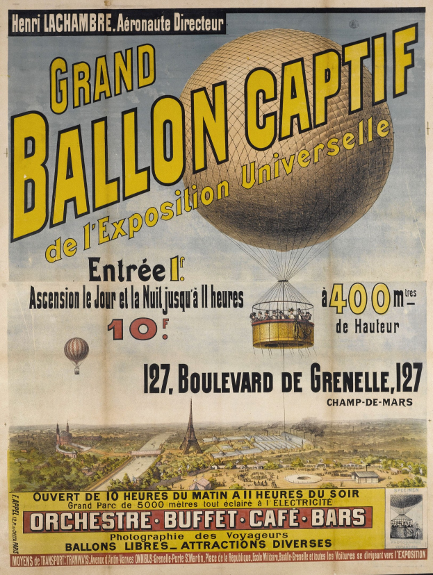 Alte Plakatwerbung für den "Großen Ballon Captif de l'Exposition Universelle" mit Illustrationen von Heißluftballons, Gebäuden, Bäumen und dem Himmel, begleitet von Text über das Ereignis.