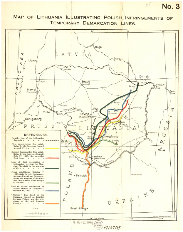 Detailierte Karte von Litauen mit markierten polnischen Verletzungen der temporären Demarkationslinien, einschließlich Städte, Ortschaften und geografische Merkmale.