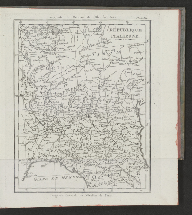Altes Buch mit einem detaillierten Frankreich-Karten auf dem Cover, das geografische Merkmale wie Flüsse, Berge und Städte sowie zusätzlichen Text enthält.