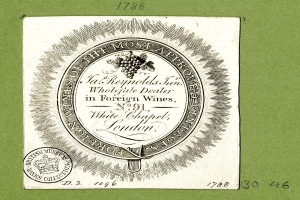 Plakat mit grünem Hintergrund, das den Text 'Das am meisten genehmigte für ausländische Weine' und ein rundes Logo mit weißem Hintergrund und schwarzem Rand zeigt.