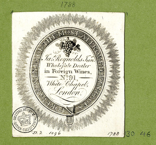 Plakat mit grünem Hintergrund, das den Text 'Das am meisten genehmigte für ausländische Weine' und ein rundes Logo mit weißem Hintergrund und schwarzem Rand zeigt.