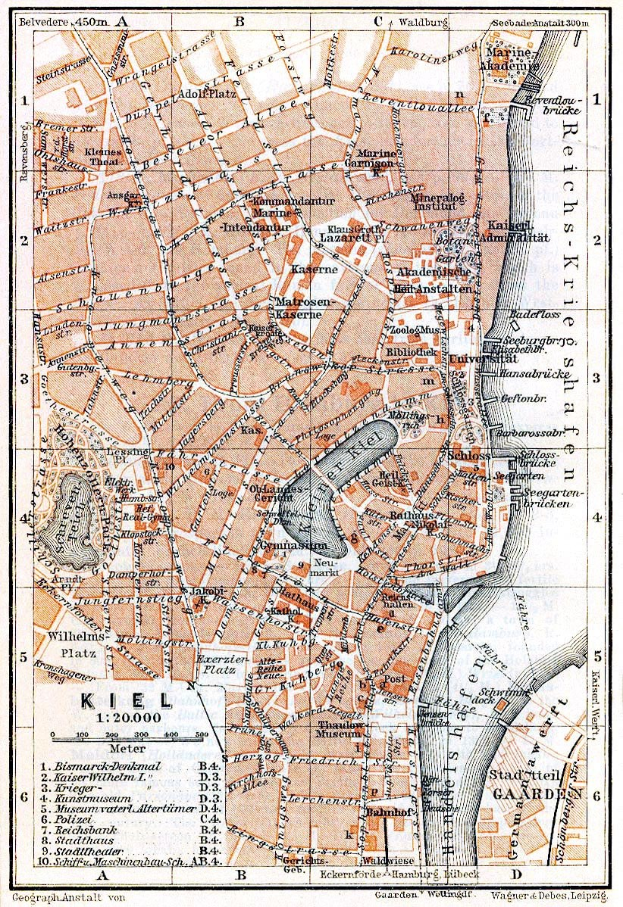 Detailiertes altes Stadtplan von Kiel, Deutschland, zeigt Straßen, Gebäude und Sehenswürdigkeiten mit Text oben und unten auf dem Papier.