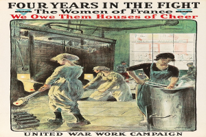 Plakat mit vier Frauen in einer Reihe mit entschlossenen Gesichtern, betitelt "Wir schulden ihnen Häuser der Freude", symbolisiert ihre Stärke und Resilienz im Kampf um Frankreich.