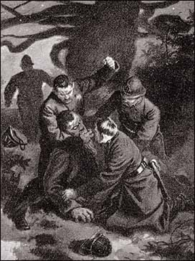 Schwarze und weiße Illustration einer Gruppe von Männern in einem bewaldeten Gebiet, einer hält ein Objekt, mit Bäumen im Hintergrund und dem Text "Der Tod eines deutschen Soldaten" unten.