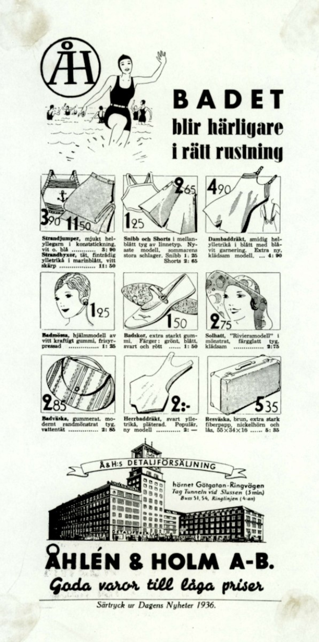 Anzeige mit einer Frau in einem weißen Bikini mit blauen und weißen Streifen, einem Pferdeschwanz, sichtbaren Augen und Lippen, umgeben von Bildern von Menschen, hohen modernen Gebäuden und fettem Text.