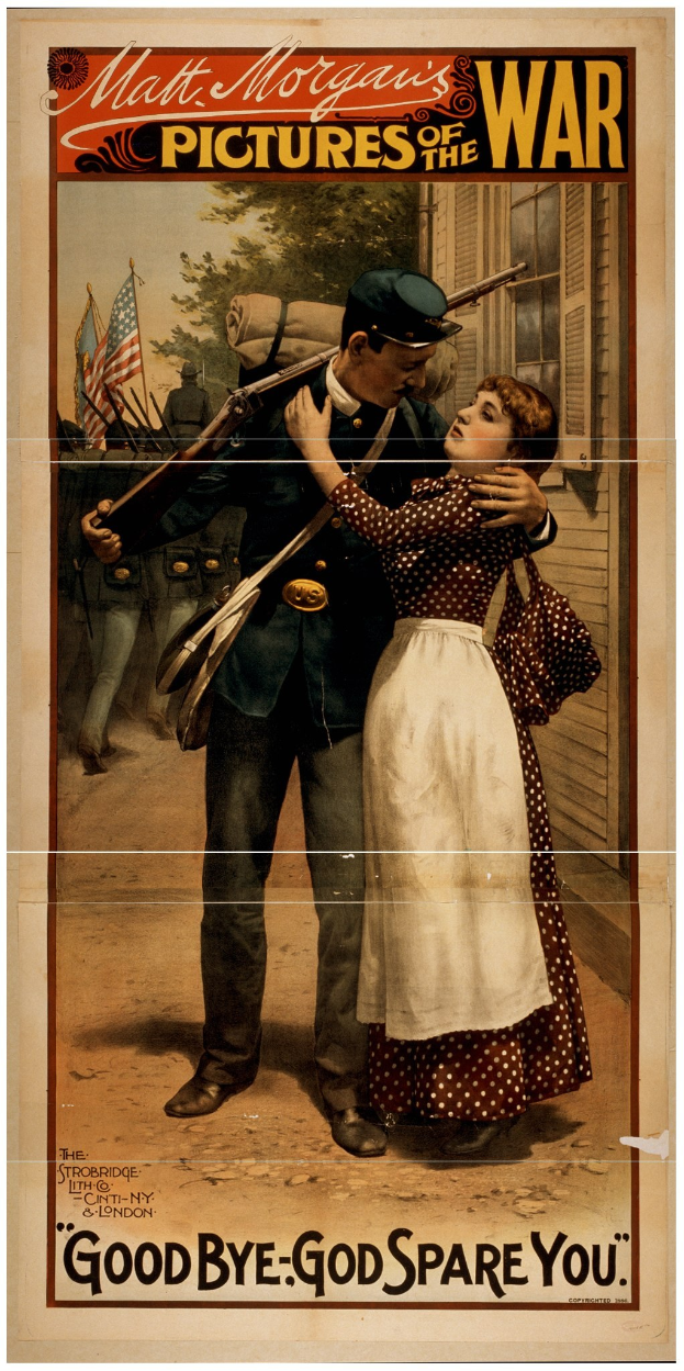 Ein Plakat mit einem Mann und einer Frau, die sich umarmen, wobei der Mann eine Waffe hält, vor dem Hintergrund von Menschen, Flaggen, Bäumen und einem Gebäude, mit der Aufschrift "Good Bye, Gott schütze dich."