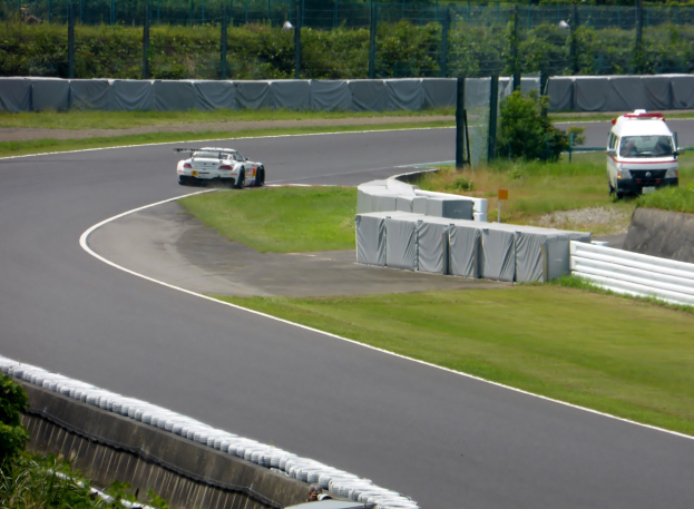 Ein Rennwagen fährt auf einer Rennstrecke mit einem Polizeiwagen im Hintergrund, umgeben von Gras, Pflanzen, Bäumen und Zäunung und einem Fahrzeug auf der rechten Seite des Bildes.