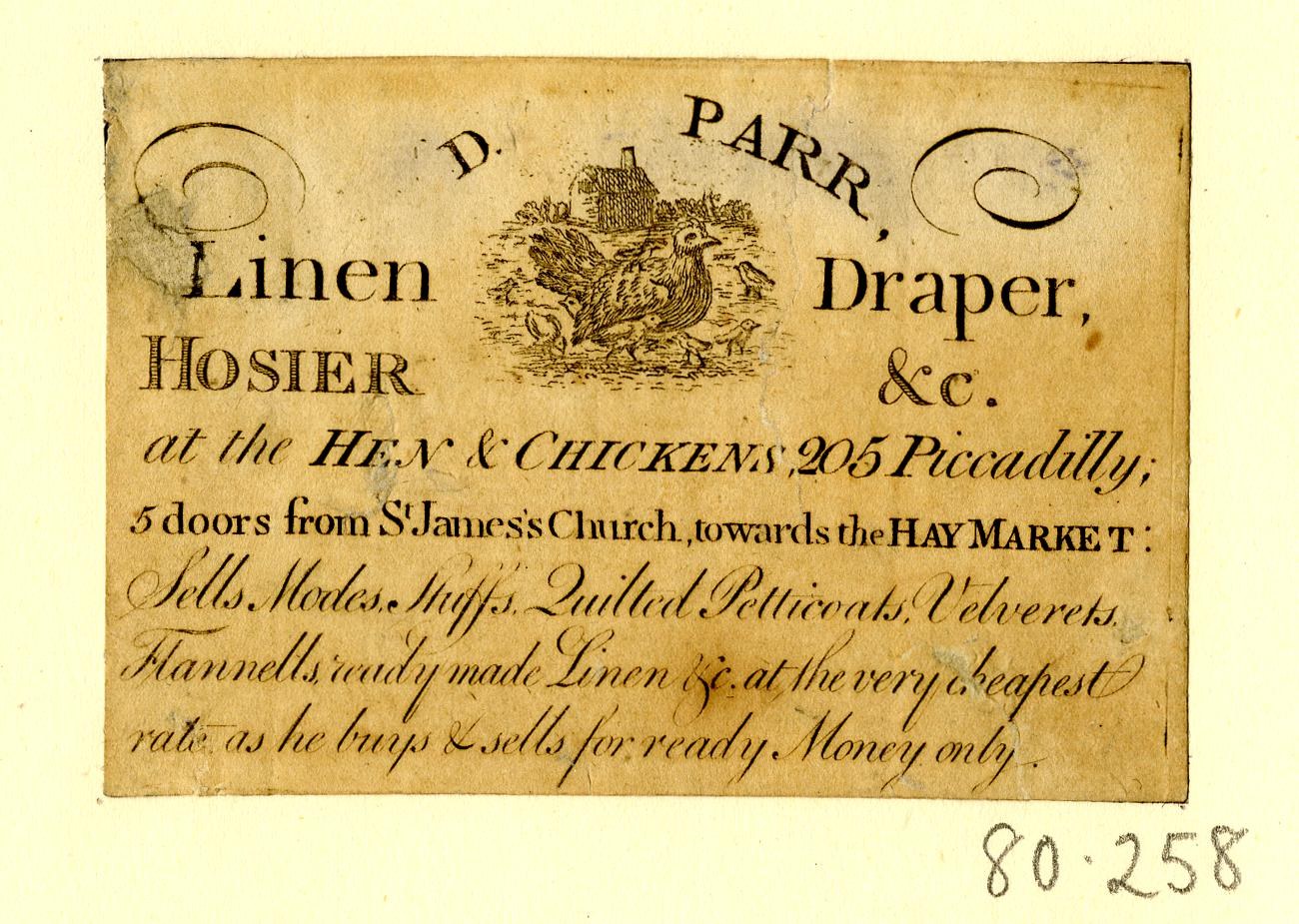 Eine Visitenkarte mit einer realistischen Illustration eines Huhns mit sichtbaren Federn und Schnabel.