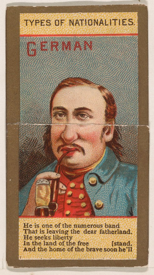 Plakat eines Mannes in deutscher Militäruniform mit einem Bierglas, mit dem Text "Deutscher".