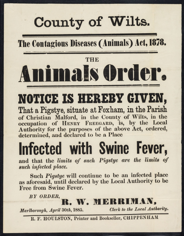 Plakat mit der Aufschrift "Der Landkreis Wilts, Das Tierseuchengesetz, 1878" warnt vor Schweinepest bei infizierten Tieren.