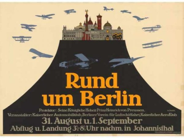 Plakat für eine Berliner Luftschau mit Flugzeugen, die über eine Stadt skyline fliegen, mit dem Text 'Rund um Berlin.'