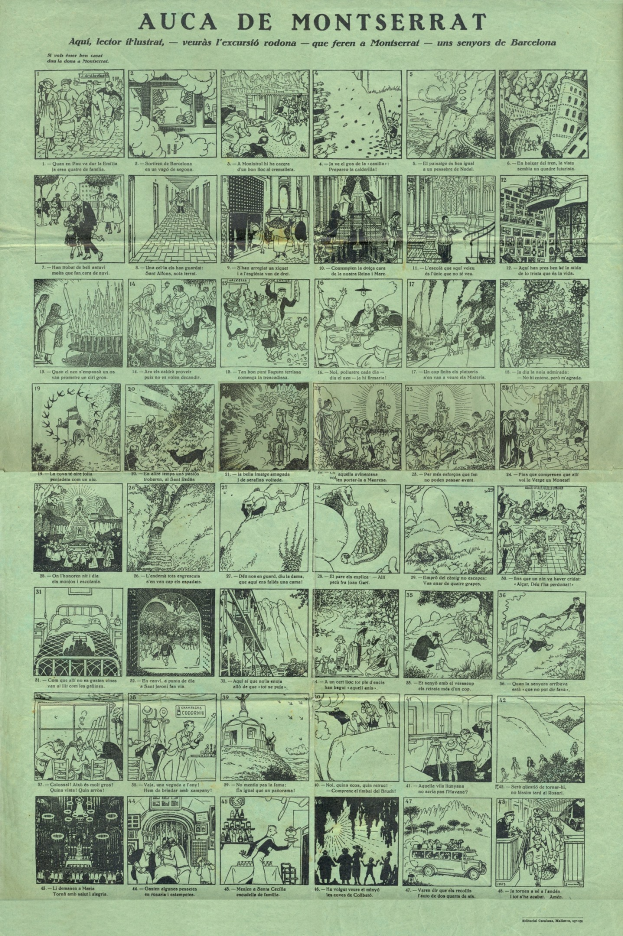 Ein Collage aus bunten Illustrationen und Text, einschließlich einer Comicseite mit mehreren Panels und Sprechblasen.