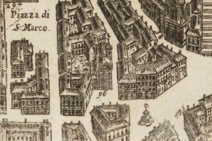 Eine handgezeichnete Stadtansicht mit mehreren Gebäuden mit unterschiedlichen Architekturstilen, begleitet von handgeschriebenem Text auf demselben Papier.