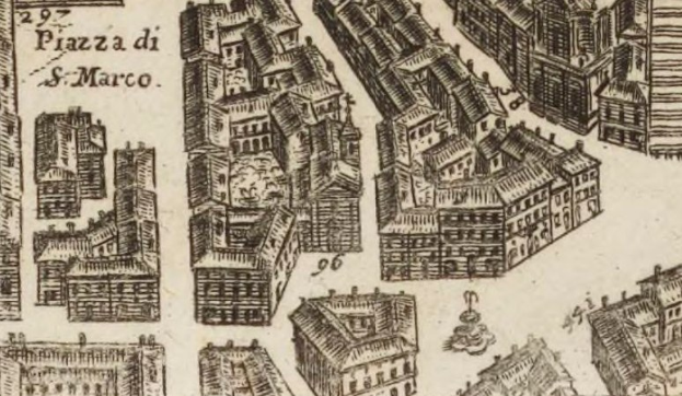 Eine handgezeichnete Stadtansicht mit mehreren Gebäuden mit unterschiedlichen Architekturstilen, begleitet von handgeschriebenem Text auf demselben Papier.